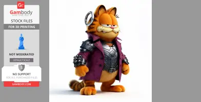 A hybrid figure of a cartoon cat wearing fantasy armor and a purple coat, designed for 3D printing.