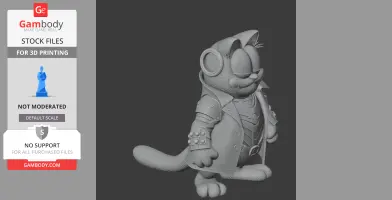 Cat figure in armor, wearing a long coat and spiked wristband, in a playful pose. 3D print model.