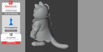 3D model of a cartoonish cat in a detailed armored outfit, ready for 3D printing.