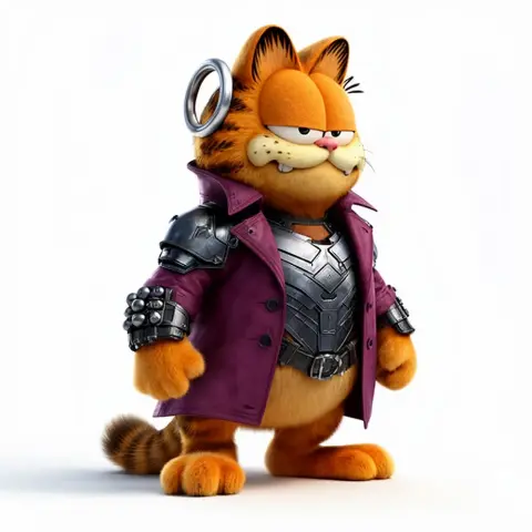 A mashup figure of a cat in armor and a trench coat, featuring a ring on one ear.