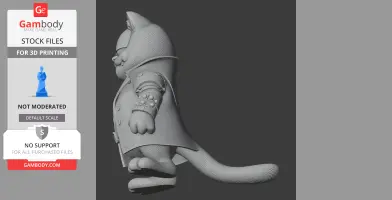3D model of a cartoon cat in a trench coat, side view, ready for 3D printing.