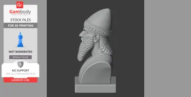 A 3D bust model of Hammurabi, featuring detailed beard and helmet, on a display base.