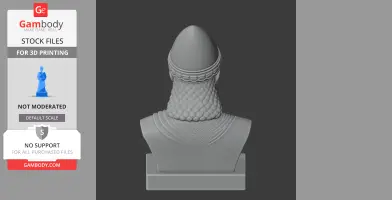 A 3D model bust of Hammurabi with detailed braided hair and a conical helmet, viewed from the back.