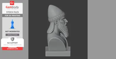 A 3D printed bust of an ancient warrior with a conical helmet and a detailed beard, in profile view.