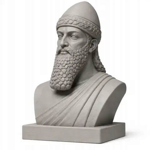 3D-printed bust of an ancient warrior with a detailed beard and cap, draped clothing on a pedestal.