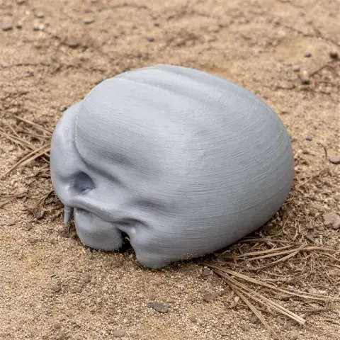 3D printed gray common marmoset skull replica placed on sandy ground.