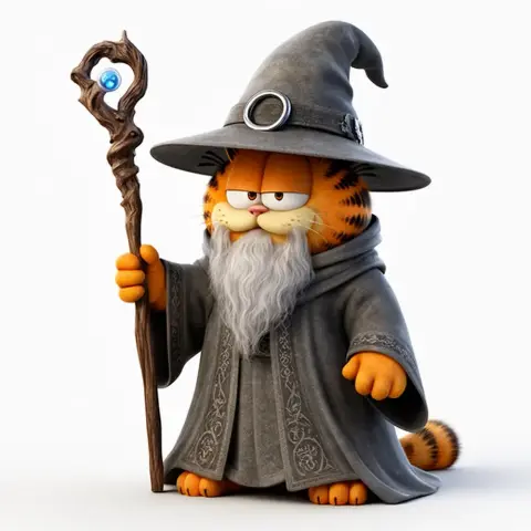 A cartoon cat dressed as a wizard with a gray robe and staff.