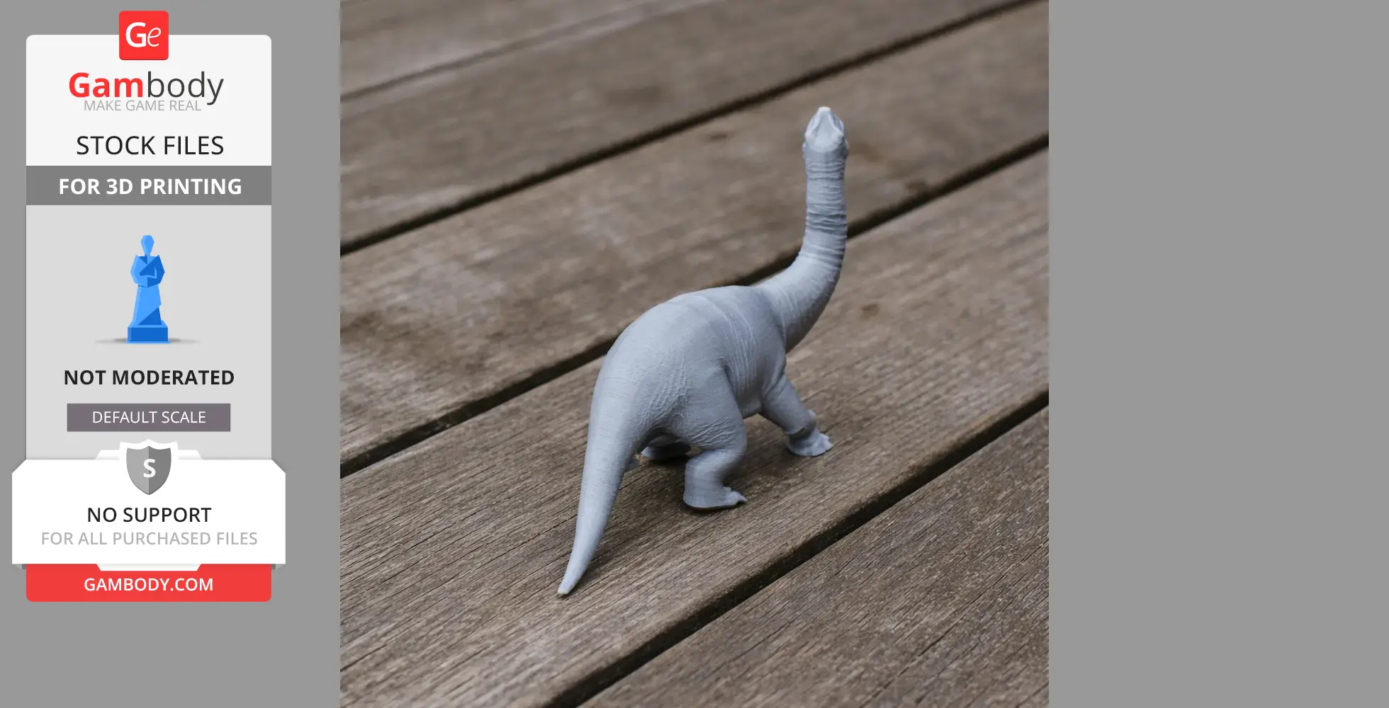A 3D-printed model of a long-necked dinosaur on a wooden surface.