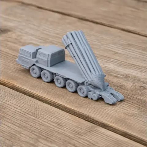 A detailed 3D-printed model of a BM-30 Smerch military rocket launcher vehicle.