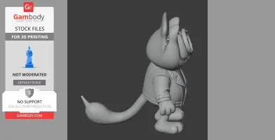 Cartoon cat in biker attire, side view; 3D model for printing, resembling a mashup character.