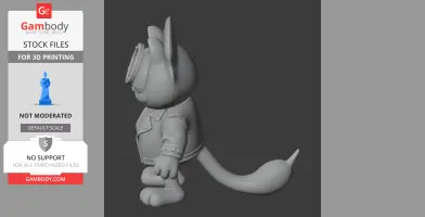 A 3D figure of a cat in a jacket, standing sideways with a long tail, designed for 3D printing.