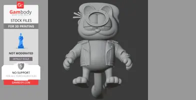 Garfield-Ghost Rider mashup figure with biker jacket and ring on head for 3D printing.