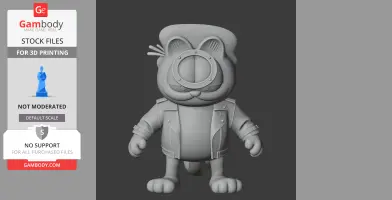 A 3D model of a chubby cat in a biker jacket with a ring on its face, designed for 3D printing.