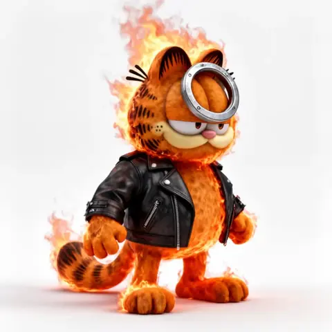 Garfield in a flaming leather jacket and ring, Ghost Rider mashup figure for 3D printing.