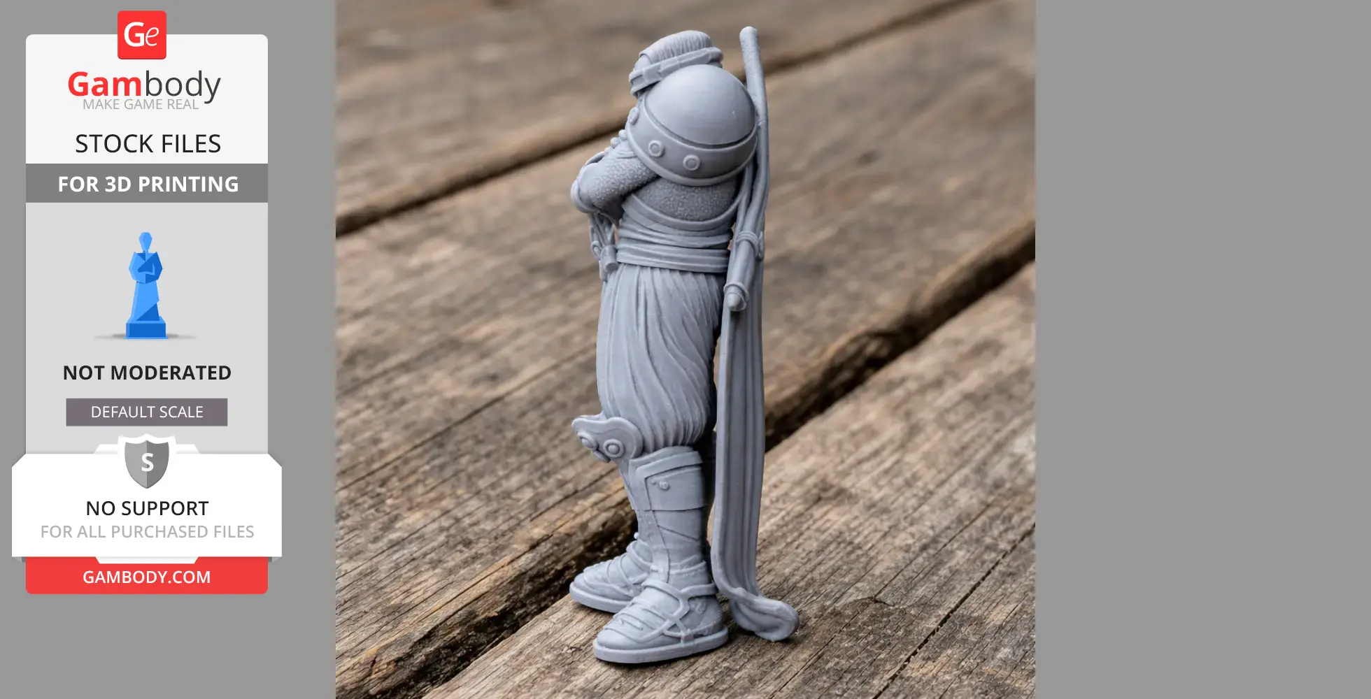 Gray 3D print of a samurai warrior in traditional attire, standing with arms crossed and a sword.