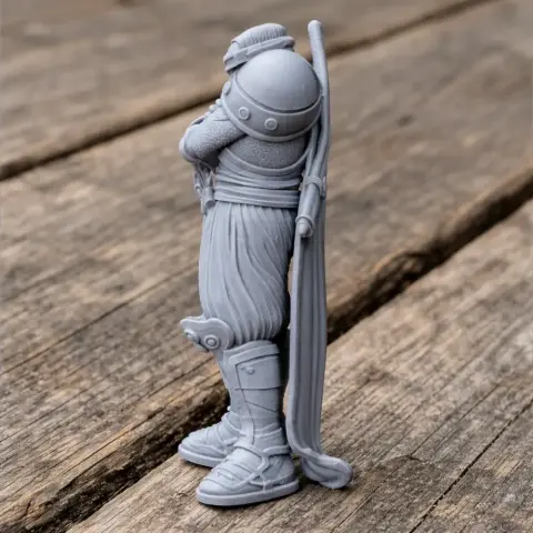 A detailed 3D model of a samurai with folded arms and a sword on a wooden surface.