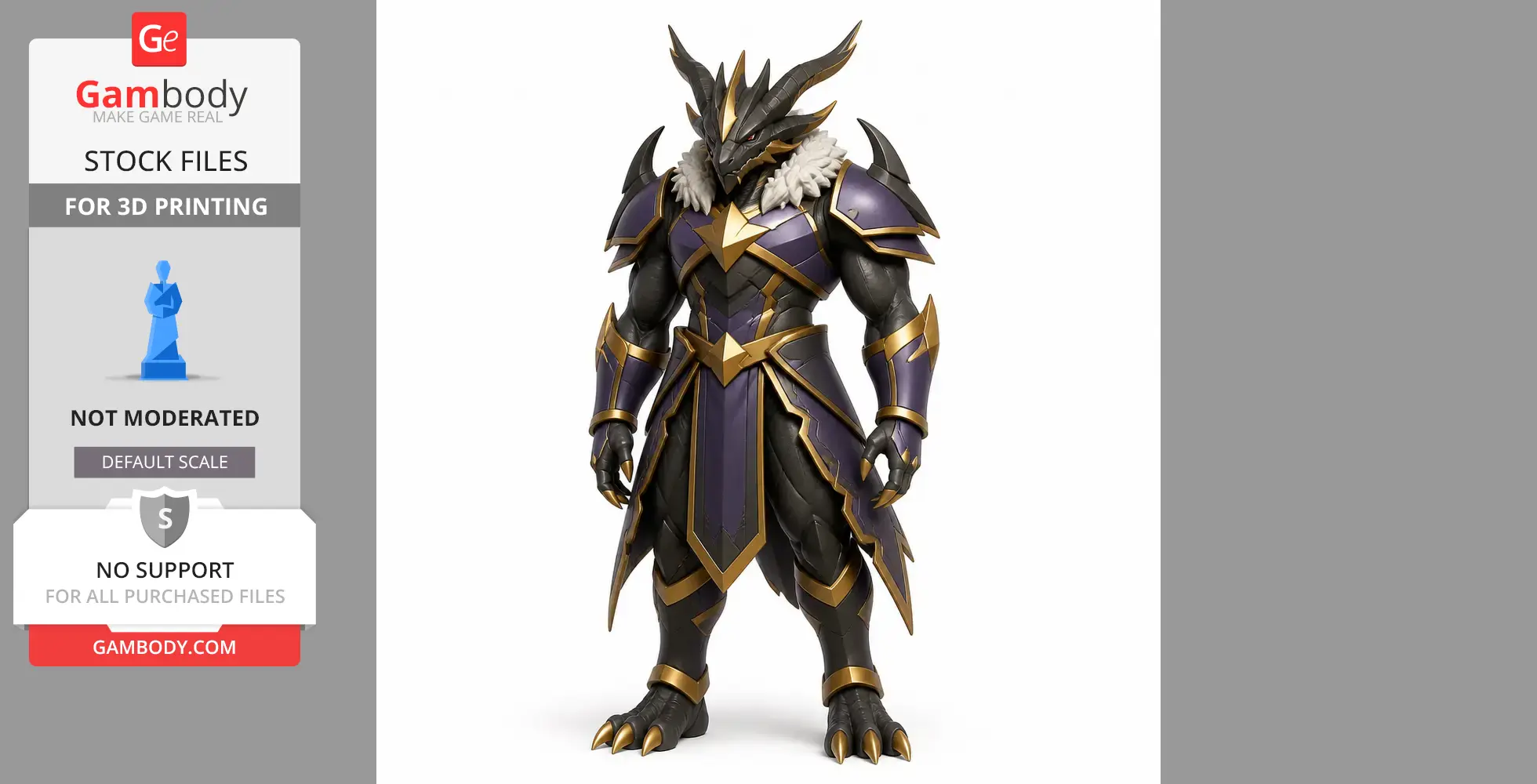 Armored humanoid figure with dragon-like features, wearing a dark and gold outfit with spikes and horns.