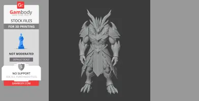 A detailed, armored warrior figure with a dragon-like helmet, designed for 3D printing.