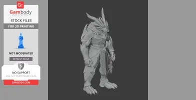 A detailed humanoid dragon-like figure with armor and clawed feet, designed for 3D printing.