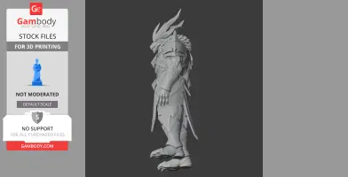 Armored humanoid figure with dragon-like features, standing in profile.