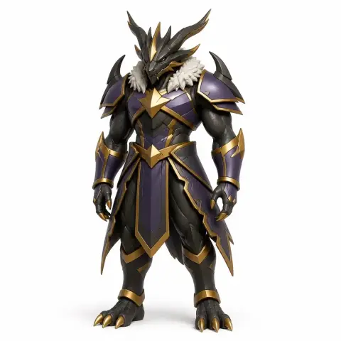 Armored beast-like warrior with horns, purple and gold armor, standing in a dynamic pose.