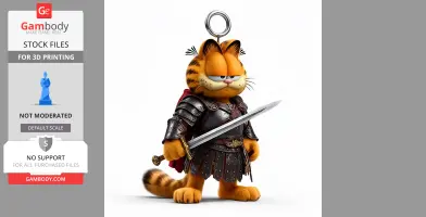 Cat in armor holding a sword, with a ring on its head, styled as a warrior.
