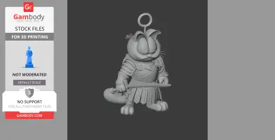 Garfield as a warrior in armor, holding a sword, with a ring on his head.