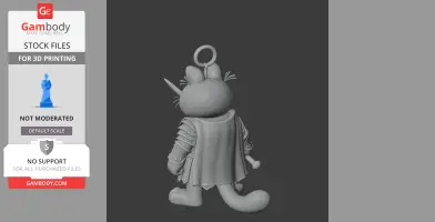 A 3D-printed cat figure in armor with a cape, sword, and ring on its head, facing away.