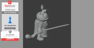 A 3D model of a cat in armor holding a sword, with a cape and helmet, ready for 3D printing.