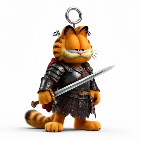 Anthropomorphic cat in medieval armor with a sword, ring on head, standing confidently.