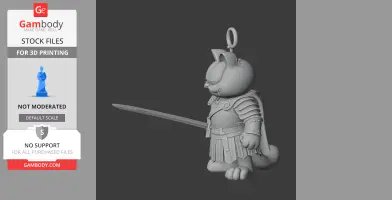 A 3D model of a cartoon cat in medieval armor, holding a sword, with a ring on its helmet for keychain attachment.