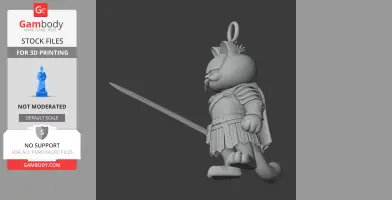 Anthropomorphic cat in armor with a sword, resembling a Highlander warrior, ring on helmet.