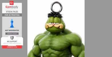 A muscular, green mashup figure with a cat's face and a ring on its head for 3D printing.