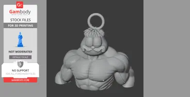 A muscular figure with a cartoon cat's face, accessorized with a ring on its head.