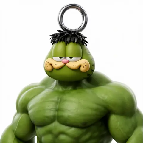 A muscular green figure with Garfield's face, featuring a ring on top of its head.