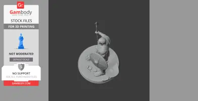A 3D model of an ancient warrior holding a spear and shield, standing on a decorated base.