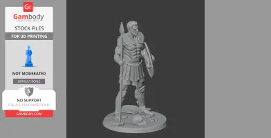 Ancient warrior in armor holding spear and shield, standing on a base with scattered helmet and objects.