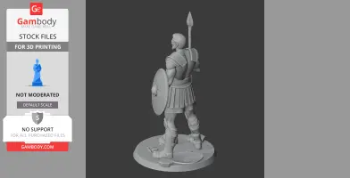 3D model of an ancient warrior with shield and spear, wearing armor and standing on a circular base.