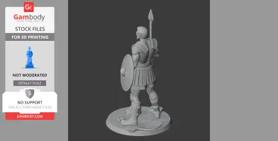 Ancient warrior figurine with spear and shield, standing on a round base, in a historical armor.