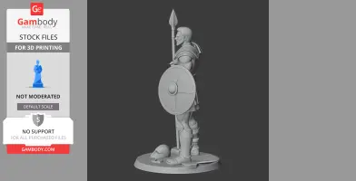 Ancient warrior 3D model holding a spear and shield, standing on a base with a helmet at his feet.