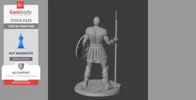 A 3D model of an ancient warrior holding a spear and shield, wearing armor and standing on a textured base.