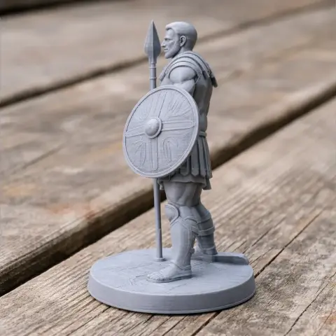3D printed ancient warrior figurine with a spear and shield on a wooden surface.