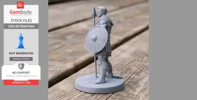 3D printed model of an ancient warrior with spear and shield on a textured base.