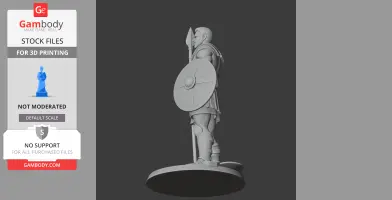 3D model of an ancient warrior with spear and shield, wearing armor, standing on a base.