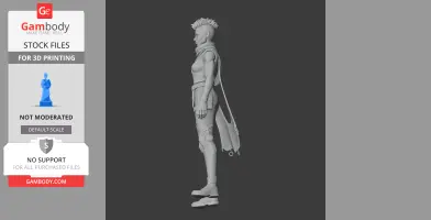 A 3D model of a futuristic character with a mohawk, wearing armor and a long cape, in profile view.