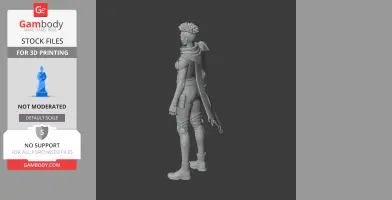 A 3D model of a futuristic character with short hair and long coat, ready for 3D printing.