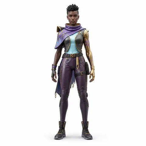 A detailed 3D figurine of Astra from Valorant, wearing a futuristic outfit with purple and gold accents.