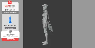 A side view of a detailed 3D model of a futuristic character with a mohawk and cape.