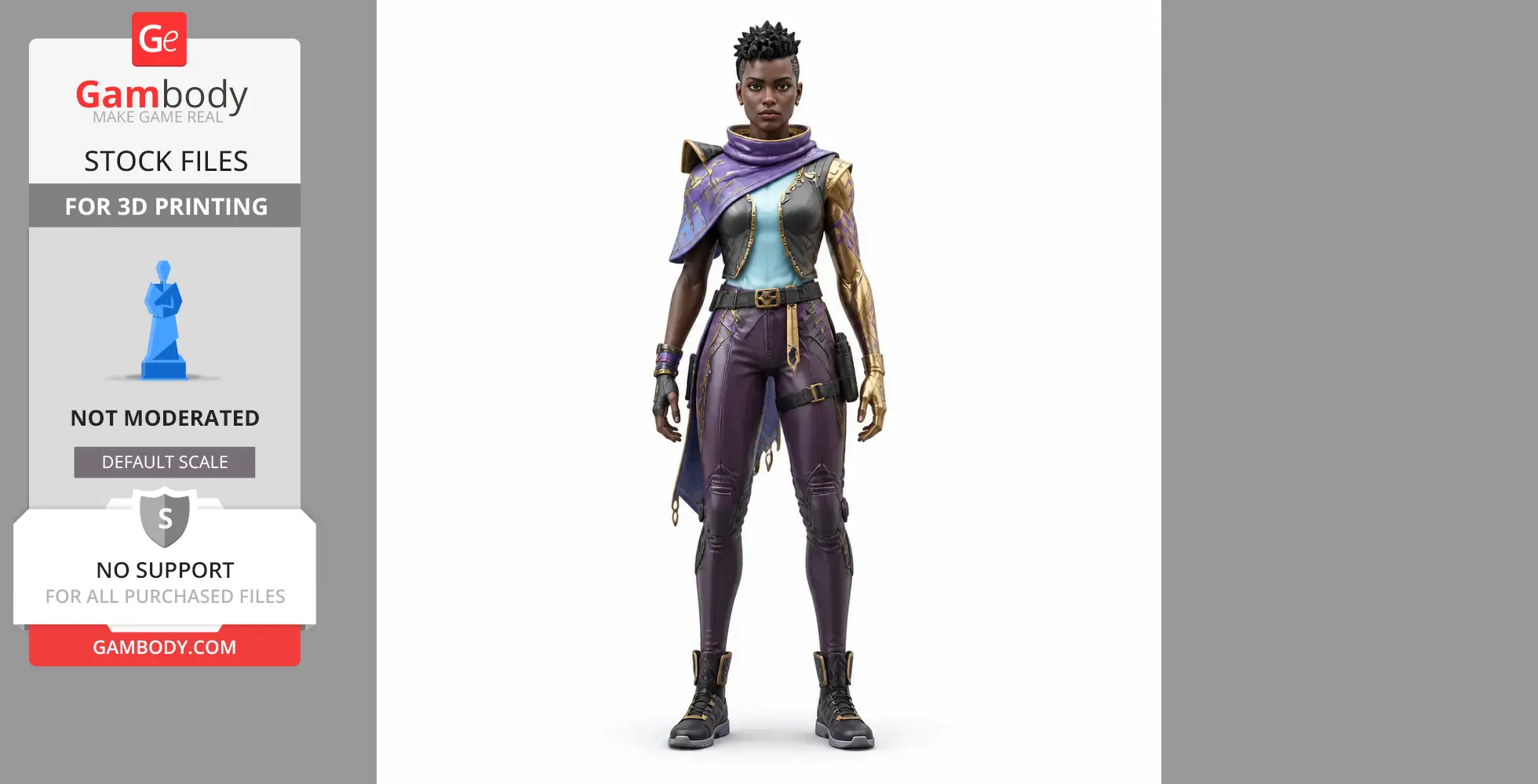 Astra from Valorant, dressed in a futuristic outfit with purple and gold accents, stands confidently.