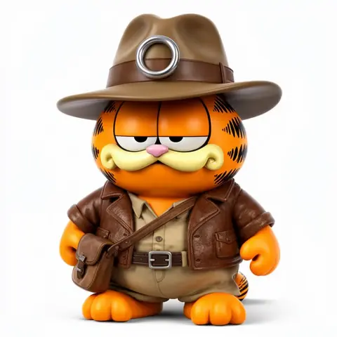 Garfield as Indiana Jones, wearing a hat and leather jacket with a satchel, standing confidently.